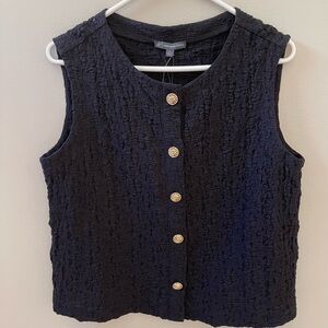 Adrianna Papell Crew Neck Textured Sleeveless Vest Cardigan, Black Sz S